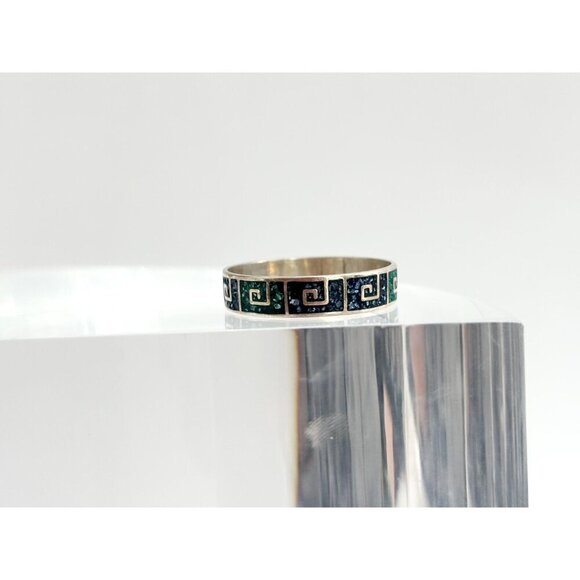 Mexican Made Mosaic Turquoise Inlaid Vintage Sterling Geometric Ring - sz 7.25 - Picture 3 of 7